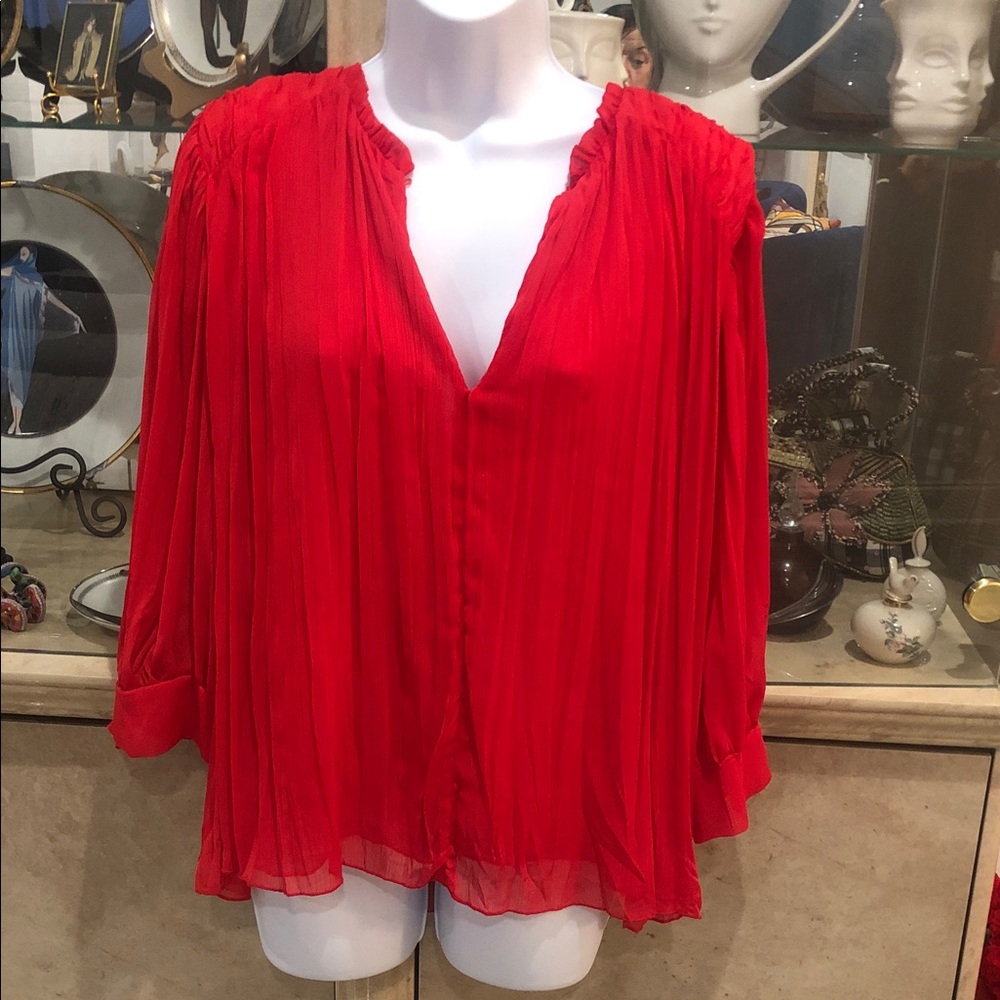Zara Vibrant Red polyester Blouse body is lined and arms are sheer sz M